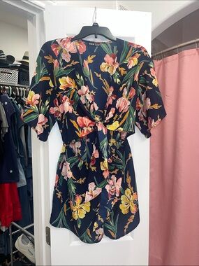 SHEIN Navy Floral Tie-Front Short Sleeve Tunic Romper
